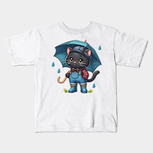 Cute cat in rain boots with umbrella Kids T-Shirt
